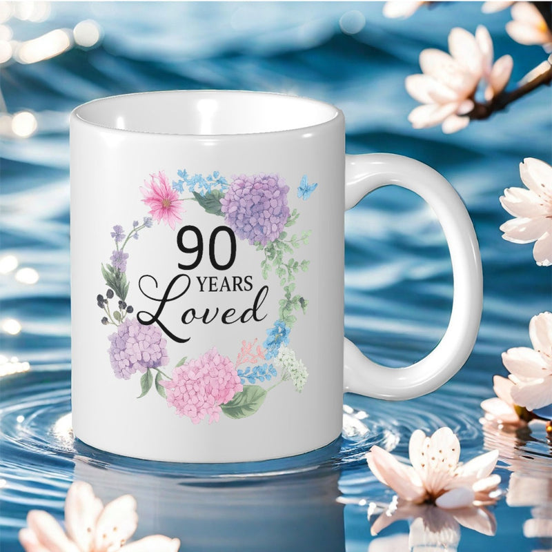 Tailorly White Ceramic 11 oz Mug - 90 Years Loved Delicate Watercolor Floral Wreath With Purple And Pink Flowers On Ceramic Mug