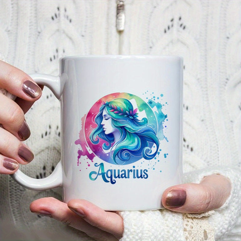Tailorly White Ceramic 11 oz Mug - Aquarius Colorful Watercolor Splashes Featuring A Floral Crown Profile Goddess