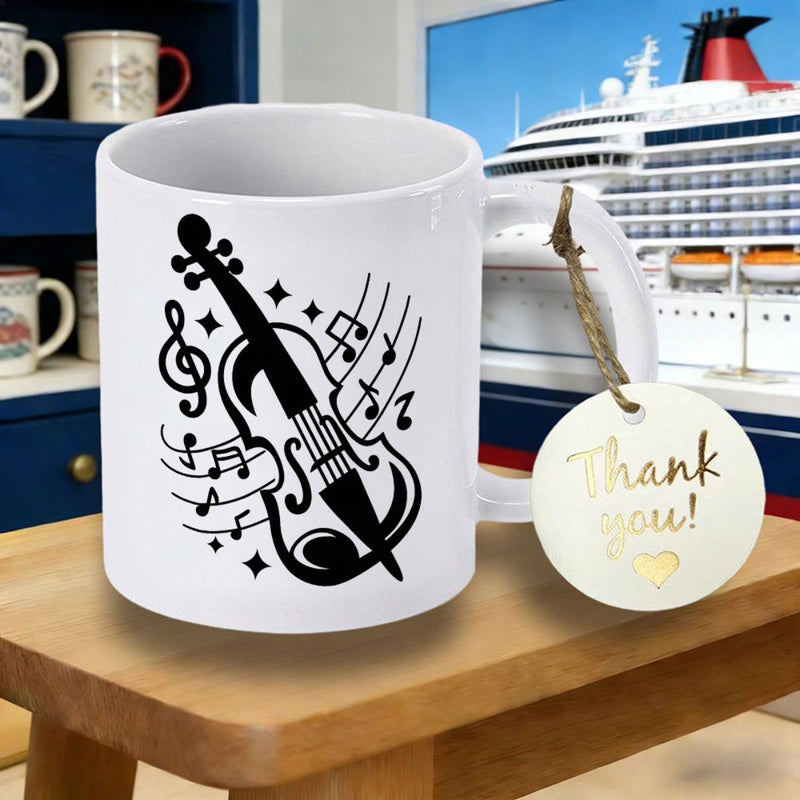 Tailorly White Ceramic 11 oz Mug - Thank You Minimalist Black Silhouette With Musical Notes And Decorative Stars Violin