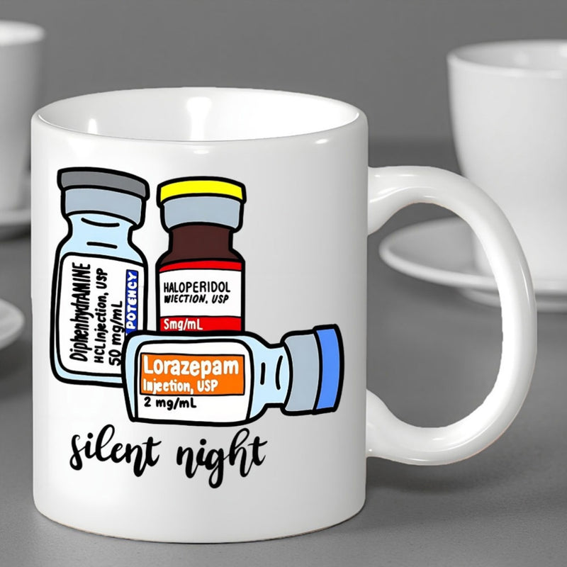 Tailorly White Ceramic 11 oz Mug - Silent Night Hand Drawn Cartoon Style Colorful Prescription Bottle Medication