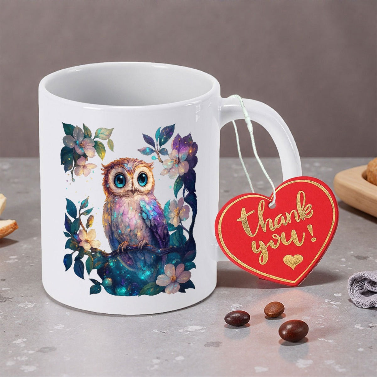 Tailorly White Ceramic 11 oz Mug - Thank You Vibrant Watercolor Perched Among Blooming Flowers And Lush Botanical Leaves Owl
