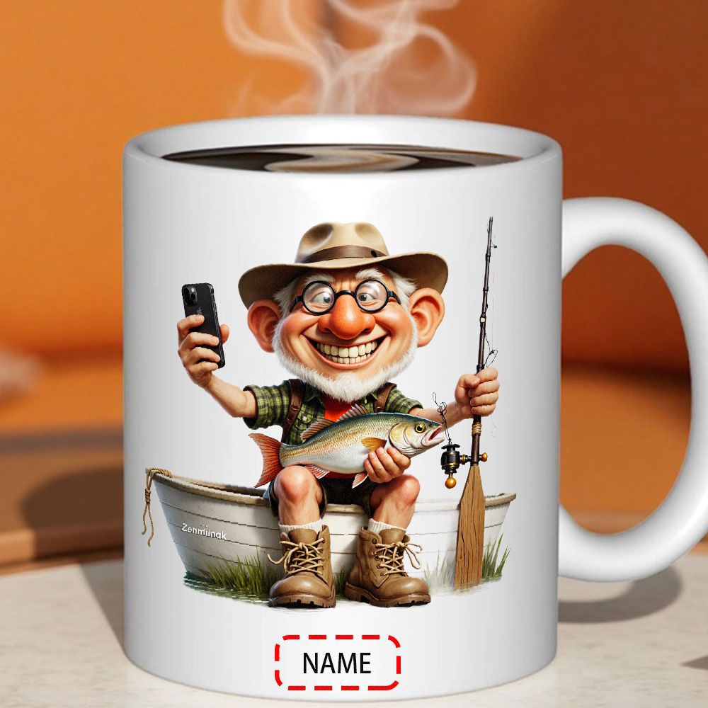Tailorly White Ceramic 11 oz Mug - Name Jolly Elderly Man Sitting In Boat Holding Large Fish And Smartphone Fisherman