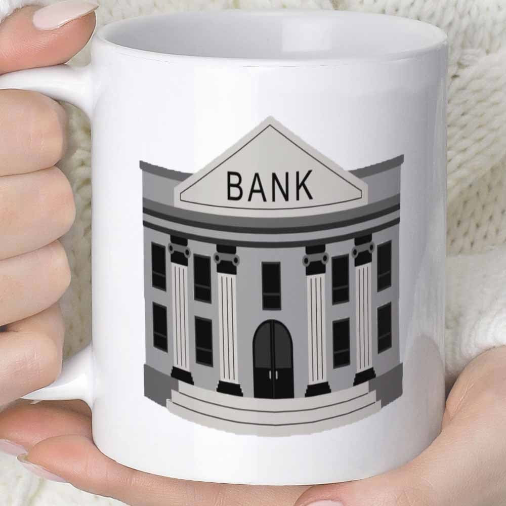 Tailorly White Ceramic 11 oz Mug - Bank Classical Architecture Style Structure With Tall Pillars And Arched Doors Building