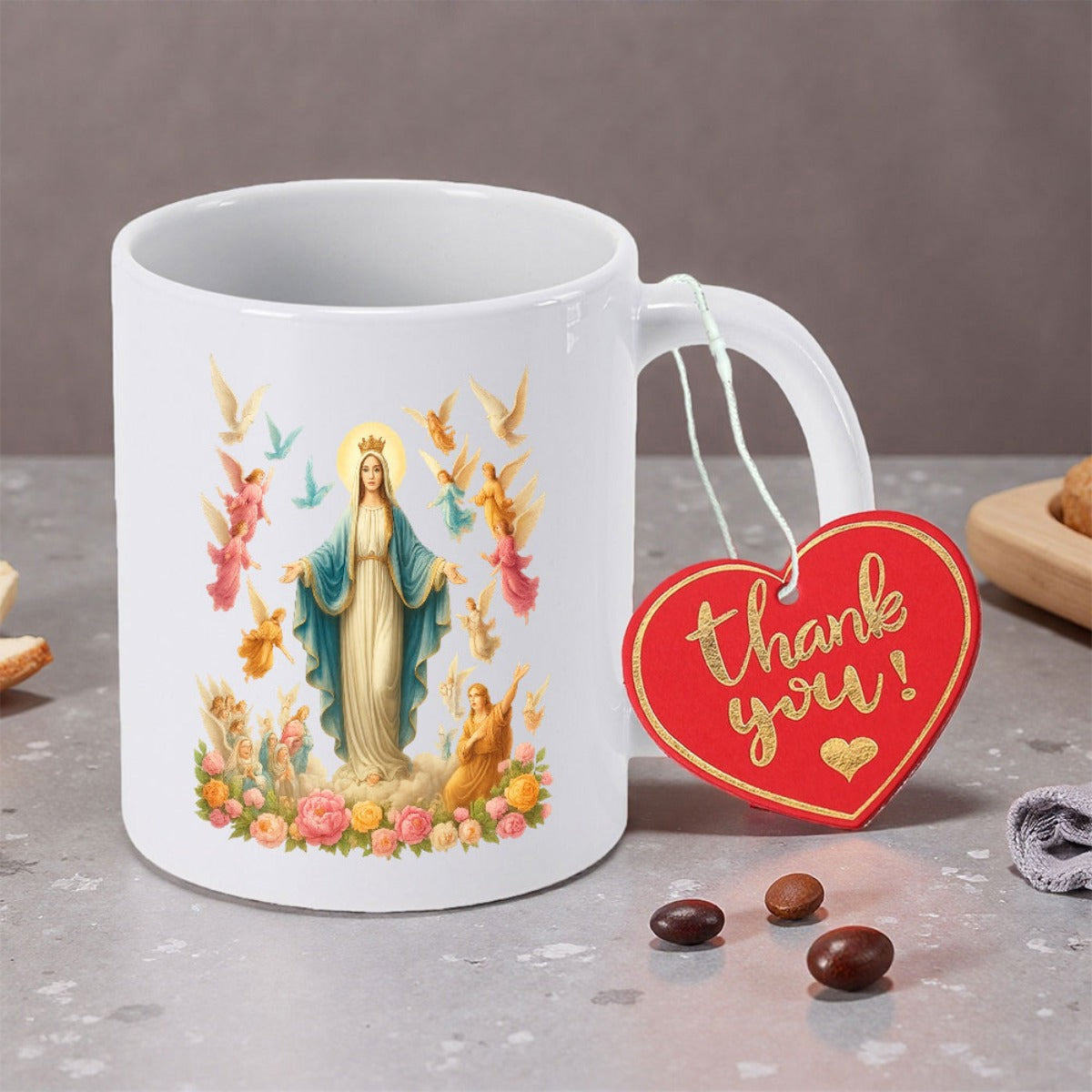 Tailorly White Ceramic 11 oz Mug - Thank You Sacred Heavenly Angels And Delicate Blooming Floral Garden Mother Mary