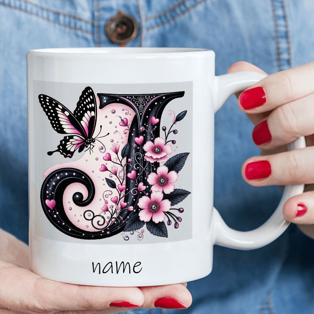 Tailorly White Ceramic 11 oz Mug - Name Decorative Floral Pattern With Butterfly And Pink Blossoms Surrounding Ornate Letter