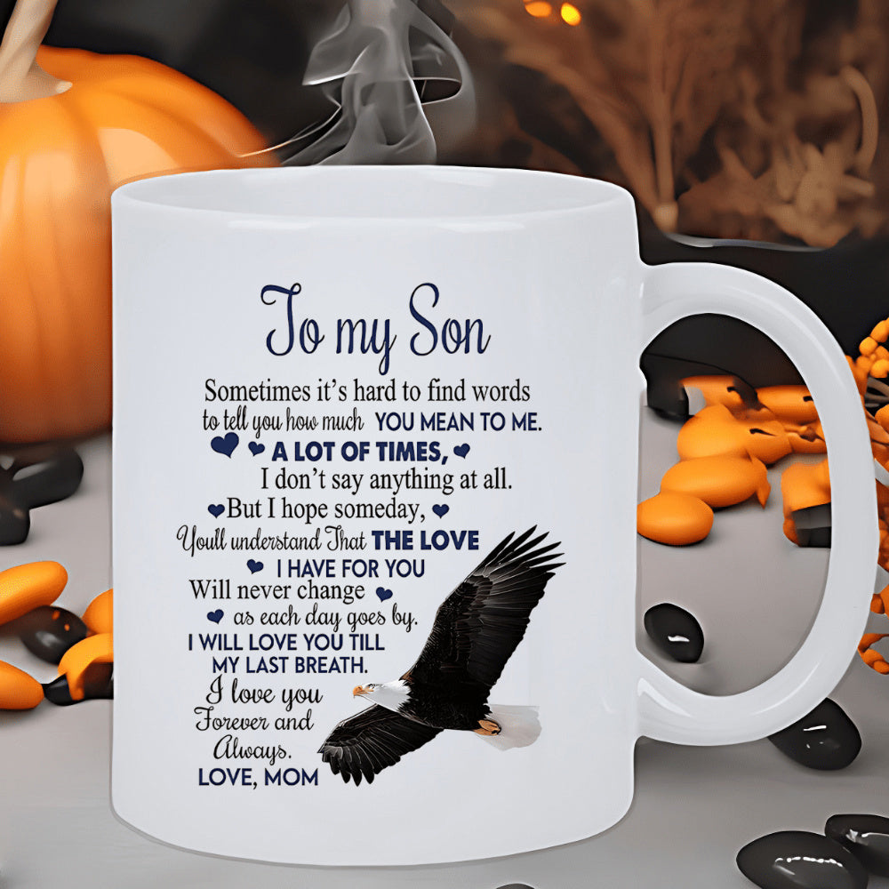 Tailorly White Ceramic 11 oz Mug - To My Son Love Mom Majestic Bald Eagle Soaring Gracefully With Wings Spread Wide Open Eagle