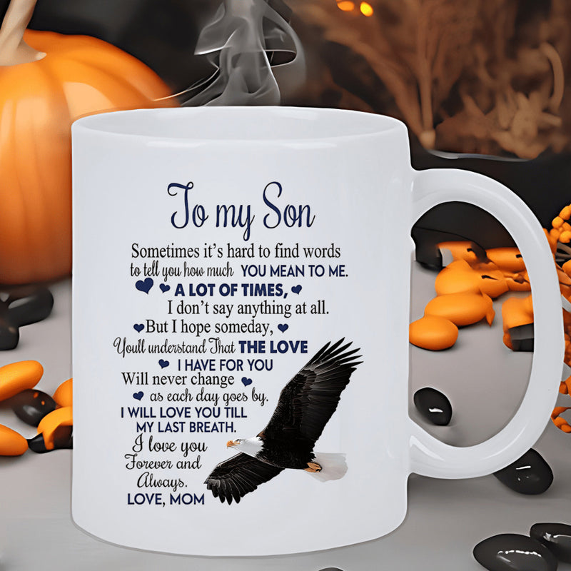 Tailorly White Ceramic 11 oz Mug - To My Son Love Mom Majestic Bald Eagle Soaring Gracefully With Wings Spread Wide Open Eagle