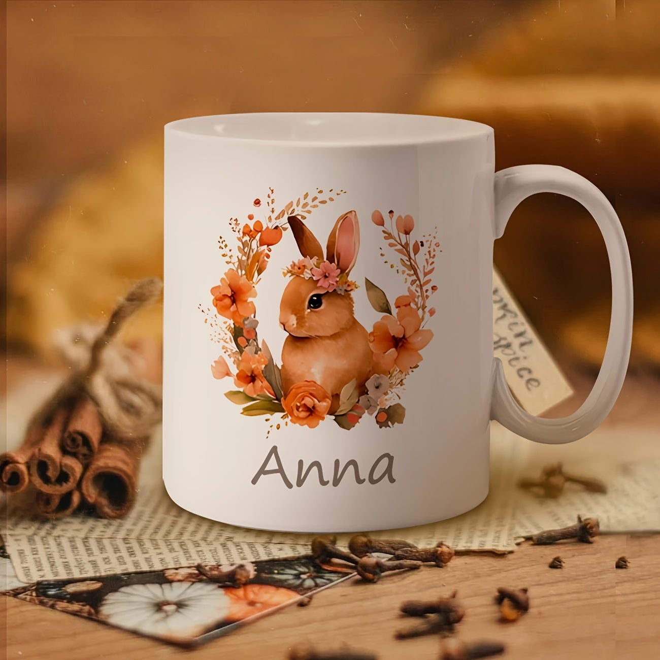 Tailorly White Ceramic 11 oz Mug - Anna Adorable Bunny Wearing Flower Crown Within A Vibrant Autumn Wreath Rabbit