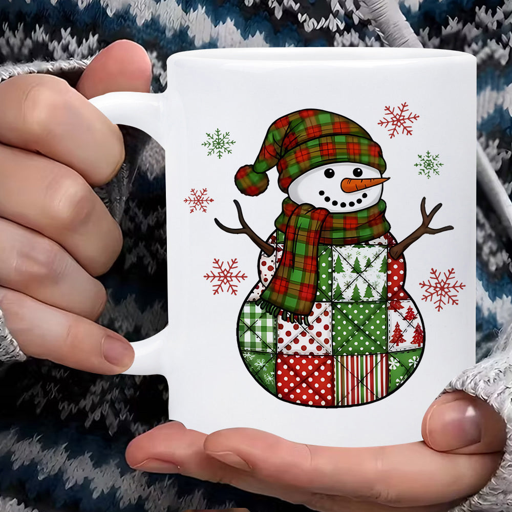 Tailorly White Ceramic 11 oz Mug - Festive Patchwork Christmas Pattern Surrounded By Falling Delicate Snowflakes Snowman