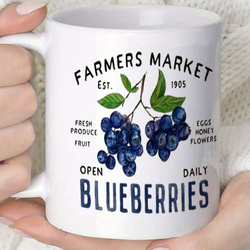 Tailorly White Ceramic 11 oz Mug - Farmers Market Blueberries Ripe Organic Fruit Clusters Hanging Among Green Foliage Leaves Blueberries