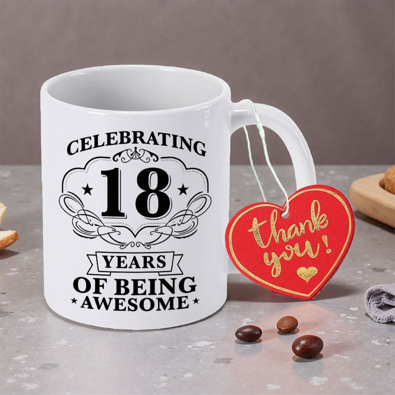 Tailorly White Ceramic 11 oz Mug - Celebrating 18 Years Of Being Awesome Elegant Vintage Style Frame With Stars Surrounding Bold Number Eighteen Mug