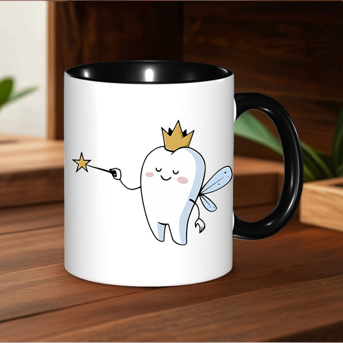 Tailorly Black Accent 11 oz Mug - cartoon tooth character with star design