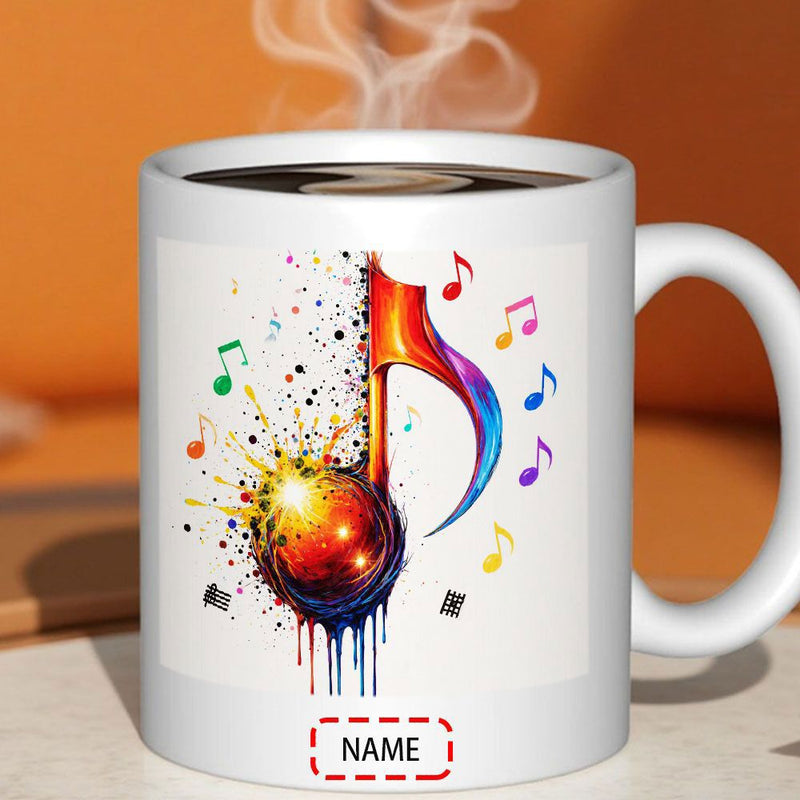 Tailorly White Ceramic 11 oz Mug - Name Vibrant Colorful Watercolor Splash Effect With Small Floating Symbols Musical Note