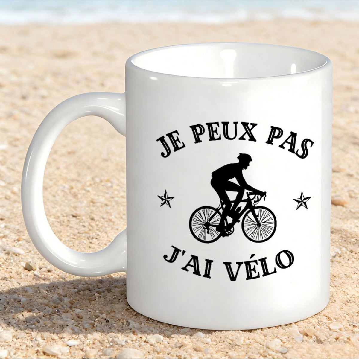 Tailorly White Ceramic 11 oz Mug - Detailed Minimalist Silhouette Of An Athlete Racing On A Fast Road Bicycle