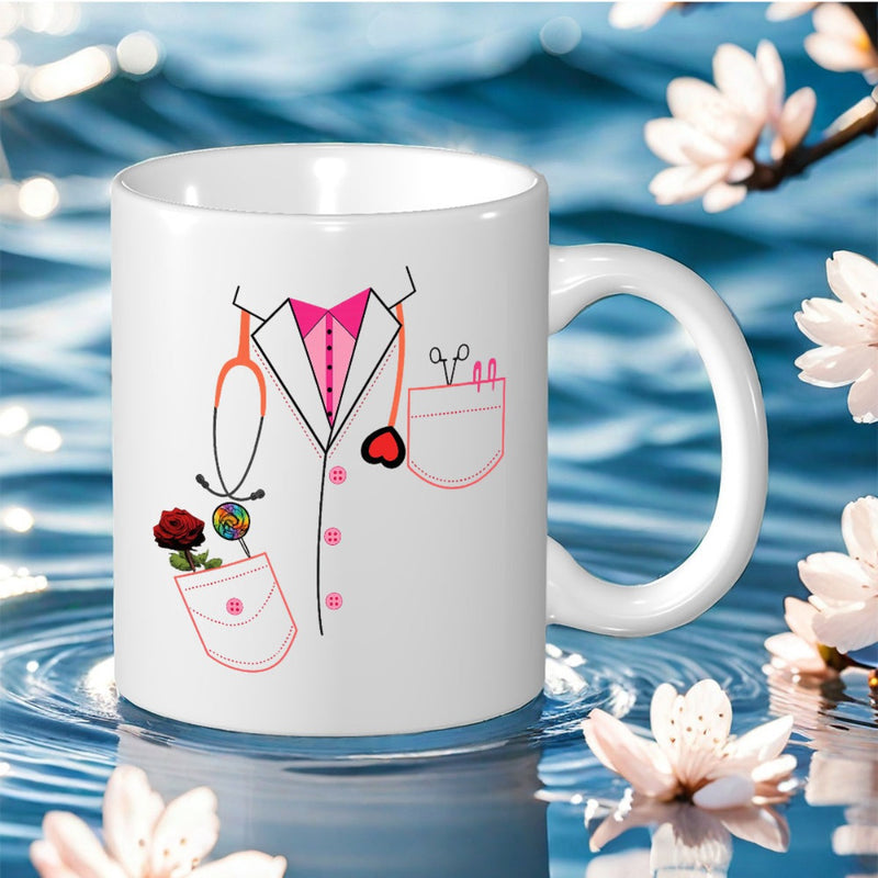 Tailorly White Ceramic 11 oz Mug - Professional Medical Lab Coat With Stethoscope Rose And Heart Pocket Uniform