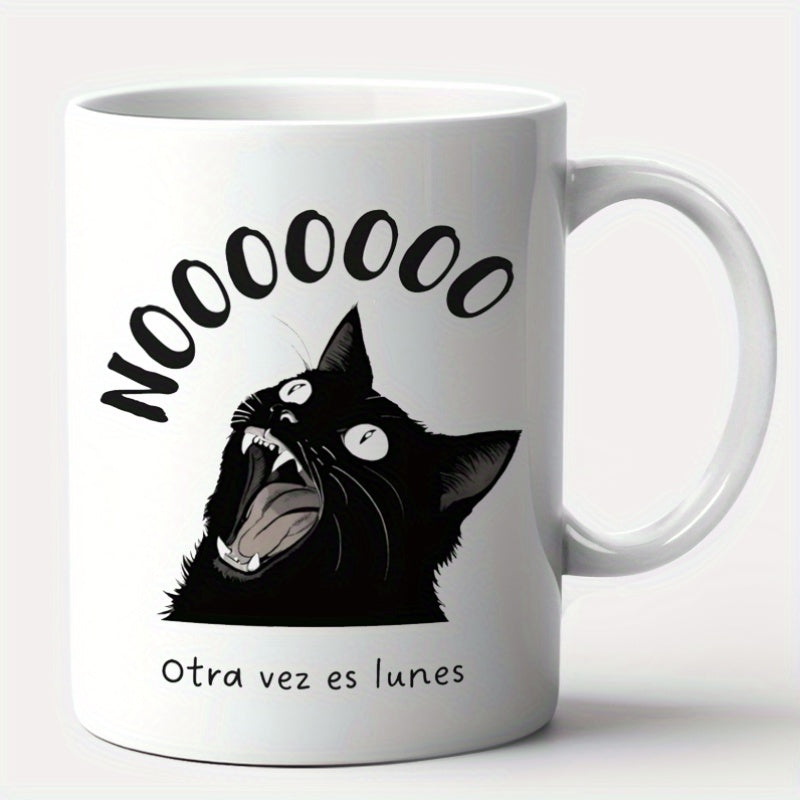 Tailorly White Ceramic 11 oz Mug - Nooooooo Hilarious Black Feline Expressing Frustration With Wide Open Mouth Cat