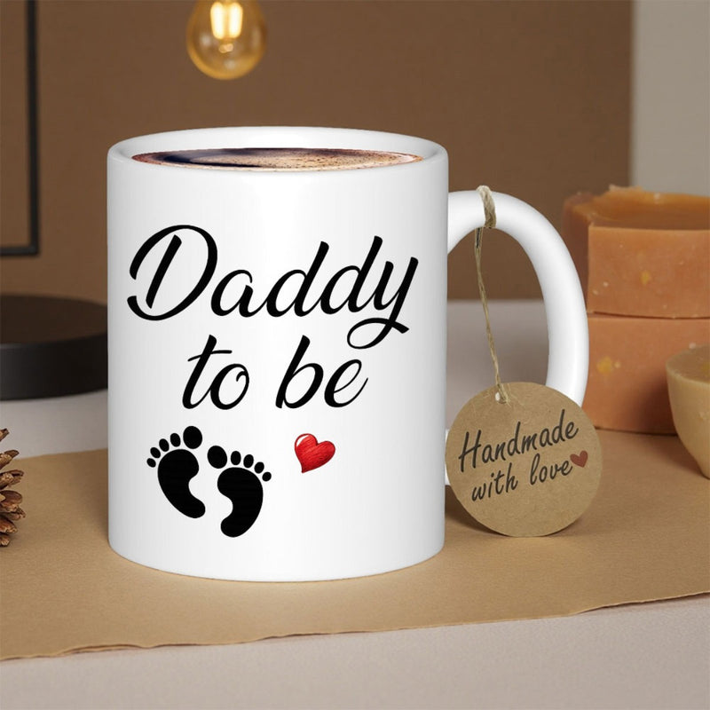 Tailorly White Ceramic 11 oz Mug - Daddy To Be Minimalist Black Baby Footprints With A Small Red Heart Mug