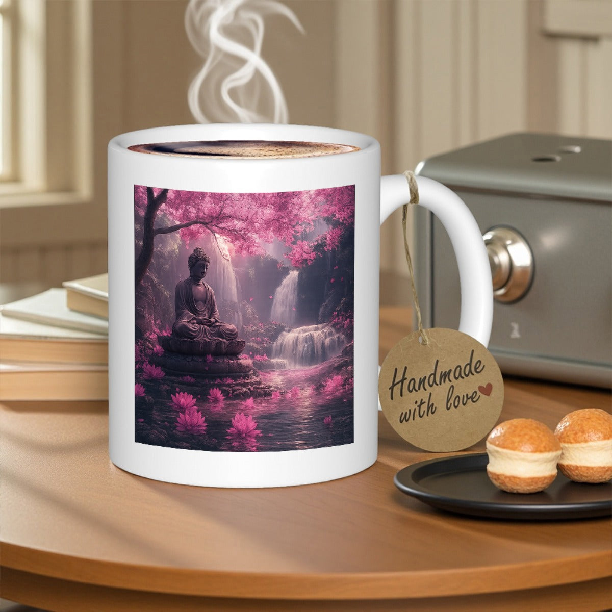 Tailorly White Ceramic 11 oz Mug - Serene Meditating Statuesque Figure Sitting Amidst Glowing Pink Floral Forest Landscape Buddha