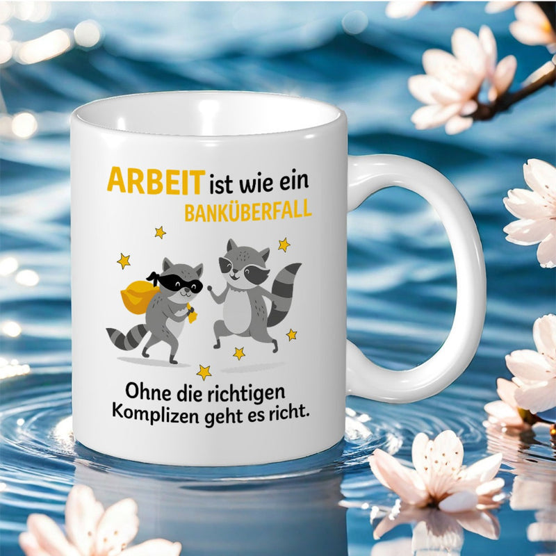 Tailorly White Ceramic 11 oz Mug - Two Playful Bandit Raccoons Sneaking With Yellow Bag Under Tiny Stars Raccoon