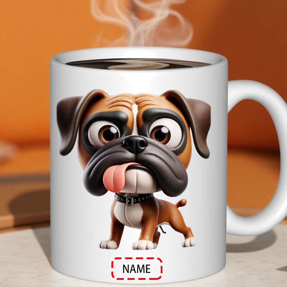 Tailorly White Ceramic 11 oz Mug - Name Adorable Cartoon Boxer With Big Eyes And Tongue Out Standing Dog