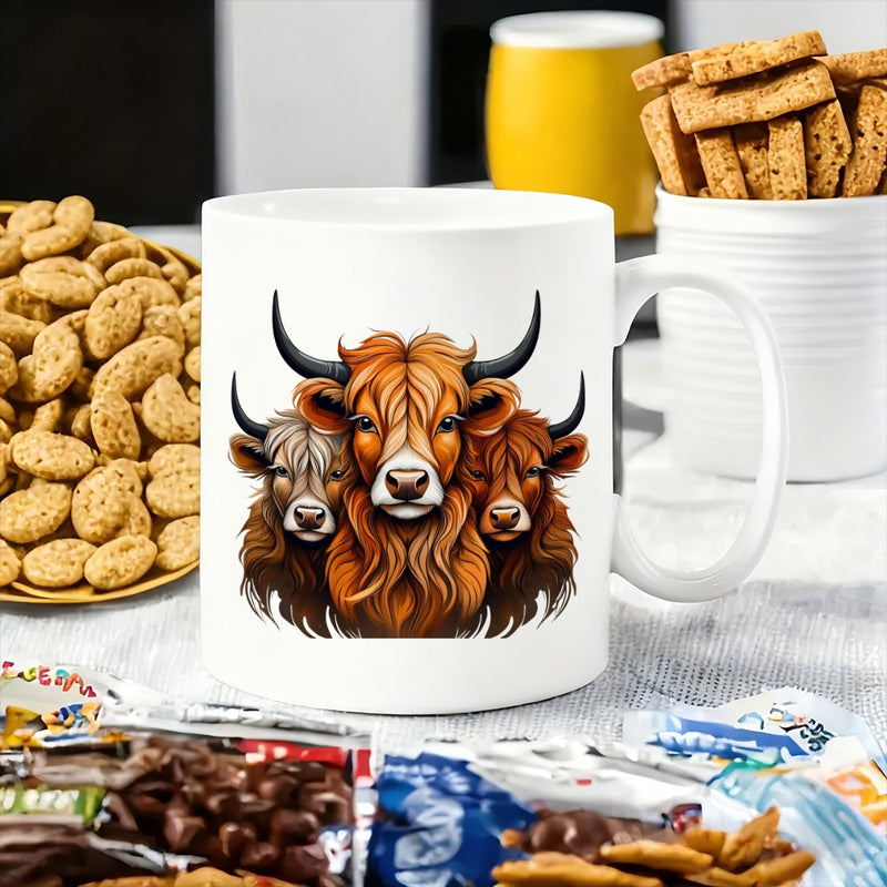 Tailorly White Ceramic 11 oz Mug - Three Shaggy Highland Cows With Sharp Horns In Rustic Artistic Style Cow