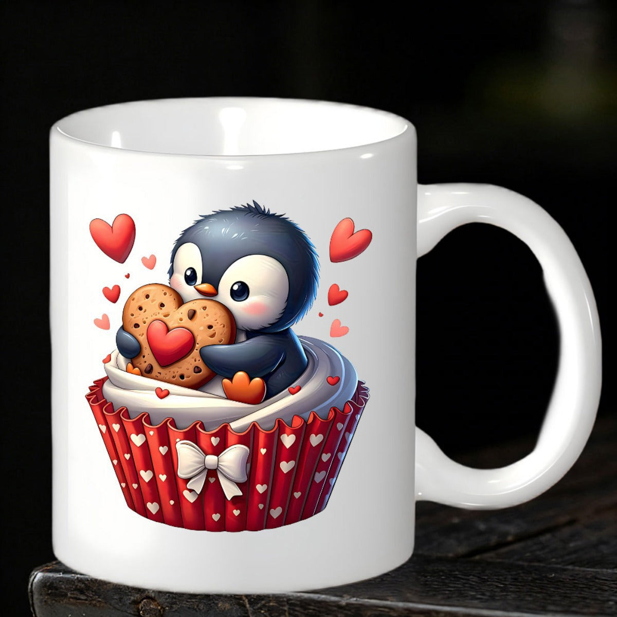 Tailorly White Ceramic 11 oz Mug - Adorable Little Bird Sitting In Red Heart Cupcake Holding Heart Cookie Penguin