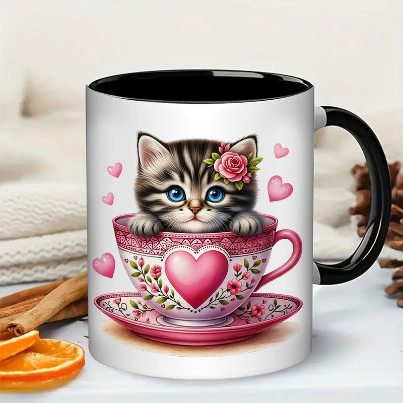 Tailorly Black Accent 11 oz Mug - cute kitten in teacup