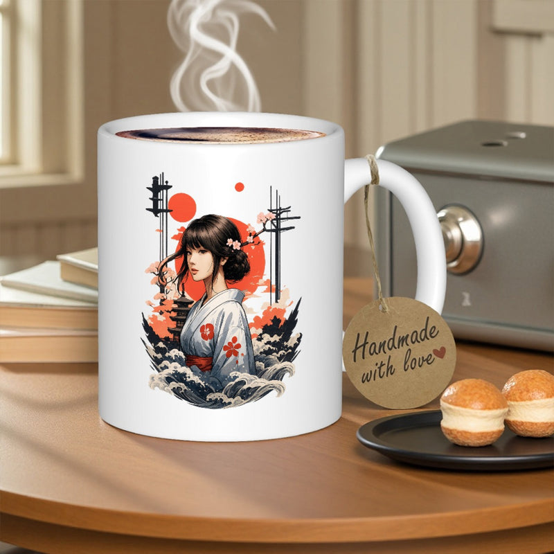 Tailorly White Ceramic 11 oz Mug - Handmade With Love Elegant Japanese Lady Standing Among Cherry Blossoms Beside Red Rising Sun Girl