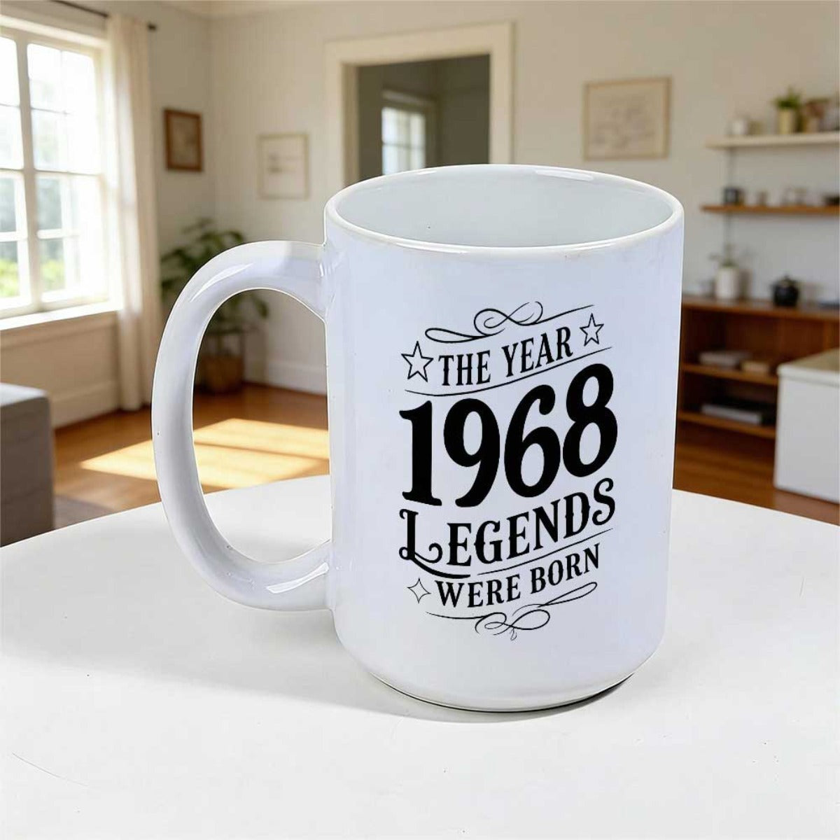 Tailorly White Ceramic 11 oz Mug - The Year 1968 Legends Were Born Vintage Black Typography With Decorative Swirls And Stars