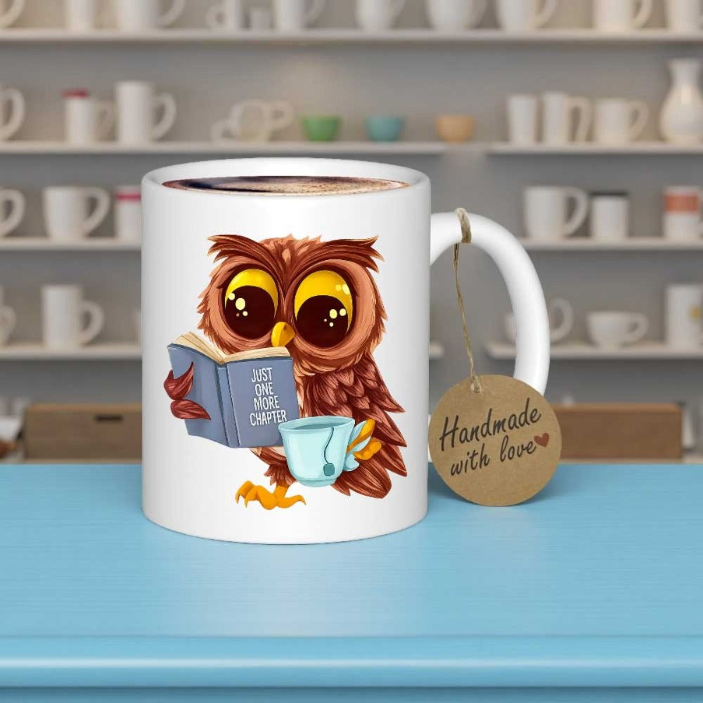 Tailorly White Ceramic 11 oz Mug - Just One More Chapter Adorable Brown Owl Enjoying Reading A Small Blue Book Owl