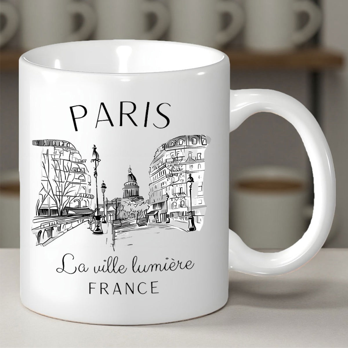 Tailorly White Ceramic 11 oz Mug - Paris France Elegant Hand Drawn Sketch Depicting Classic European Architecture And Historic Streets Cityscape