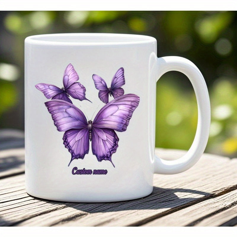 Tailorly White Ceramic 11 oz Mug - Custom Name Three Majestic Purple Butterflies With Delicate Wing Details Fluttering Gracefully Butterfly