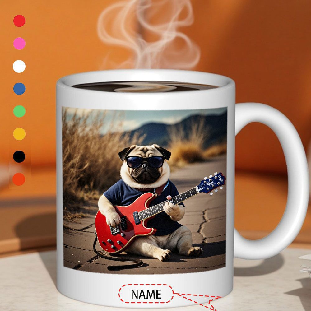 Tailorly White Ceramic 11 oz Mug - Name Cool Musician Dog Wearing Sunglasses Playing Red Electric Guitar Pug