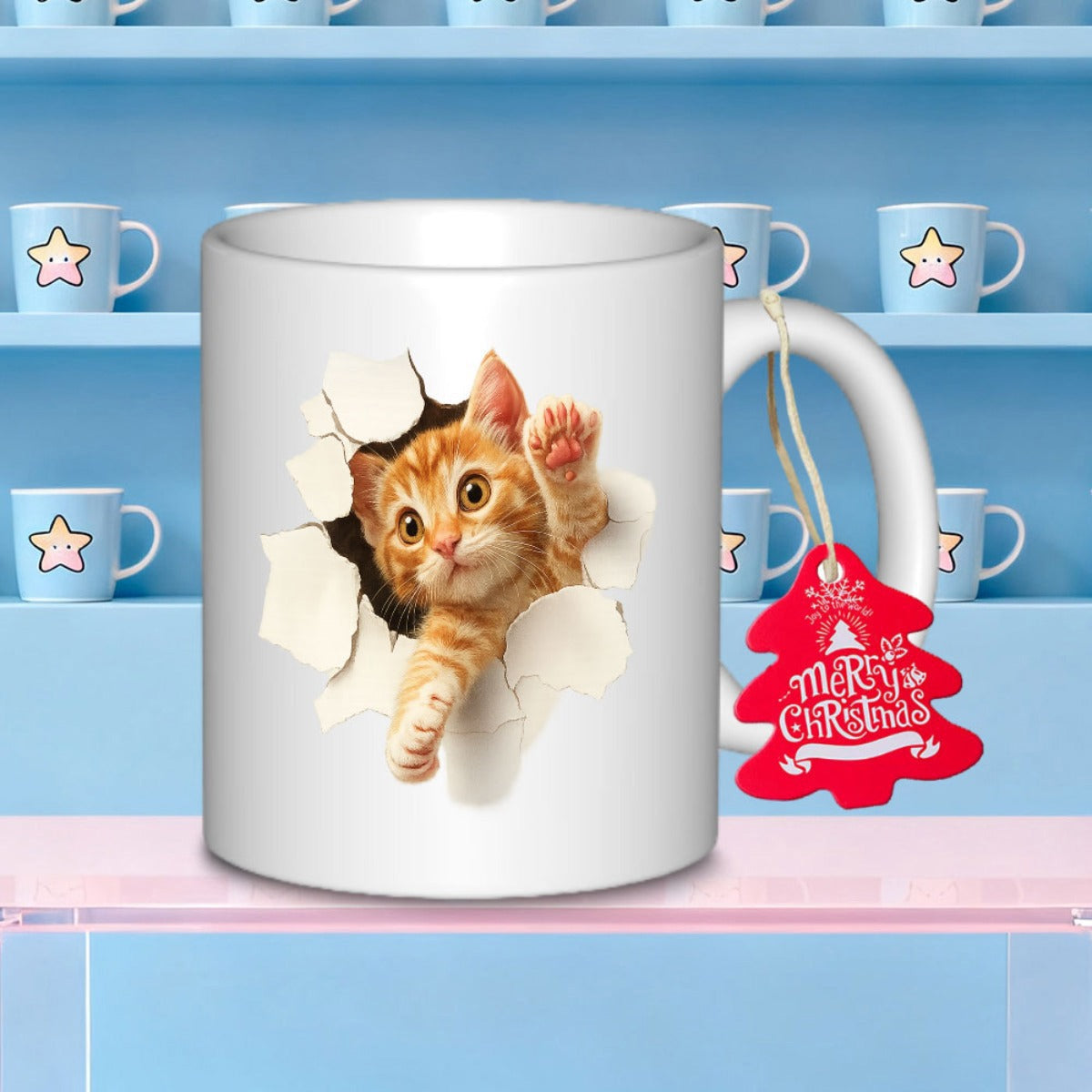Tailorly White Ceramic 11 oz Mug - Merry Christmas Adorable Orange Tabby Peeking Through A Realistic Cracked White Surface Kitten