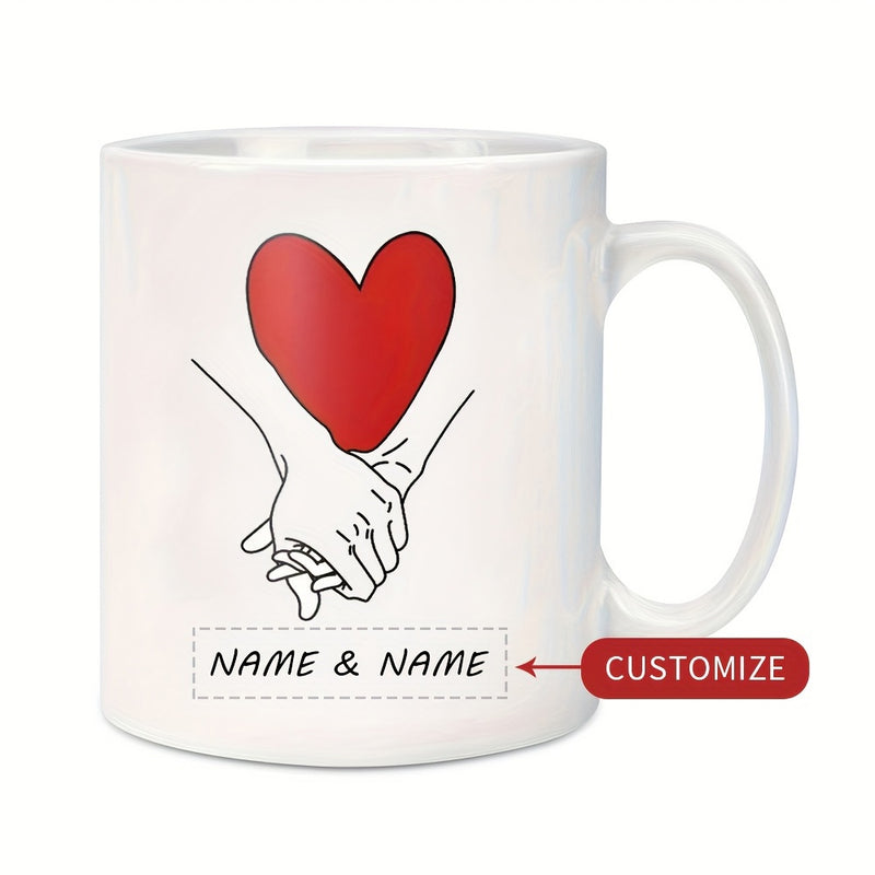 Tailorly White Ceramic 11 oz Mug - Name Name Two Gentle Interlocking Hands Held Together Under A Radiant Red Heart