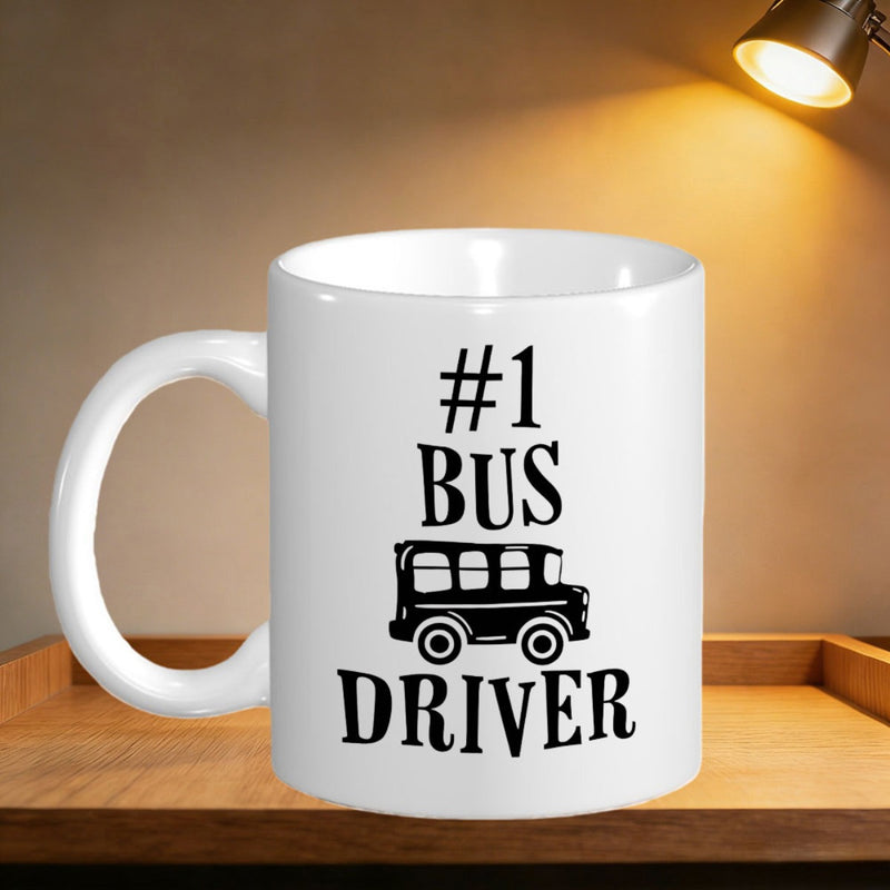 Tailorly White Ceramic 11 oz Mug - 1 Bus Driver Minimalist Solid Black Silhouette Icon Depicting A Professional Vehicle Frame Bus