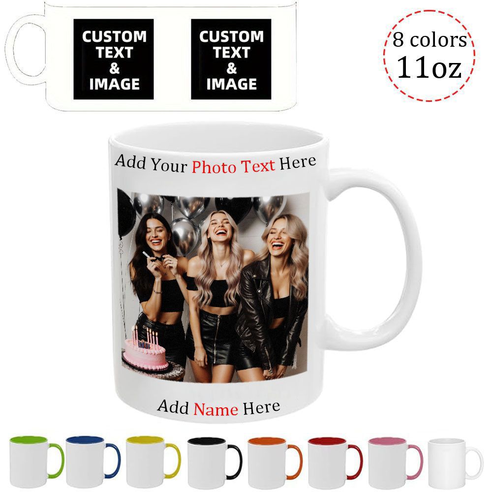 Tailorly White Ceramic 11 oz Mug - Add Your Photo Text Here Add Name Here Three Smiling Girls Celebrating A Birthday Surrounded By Shiny Balloons Mug
