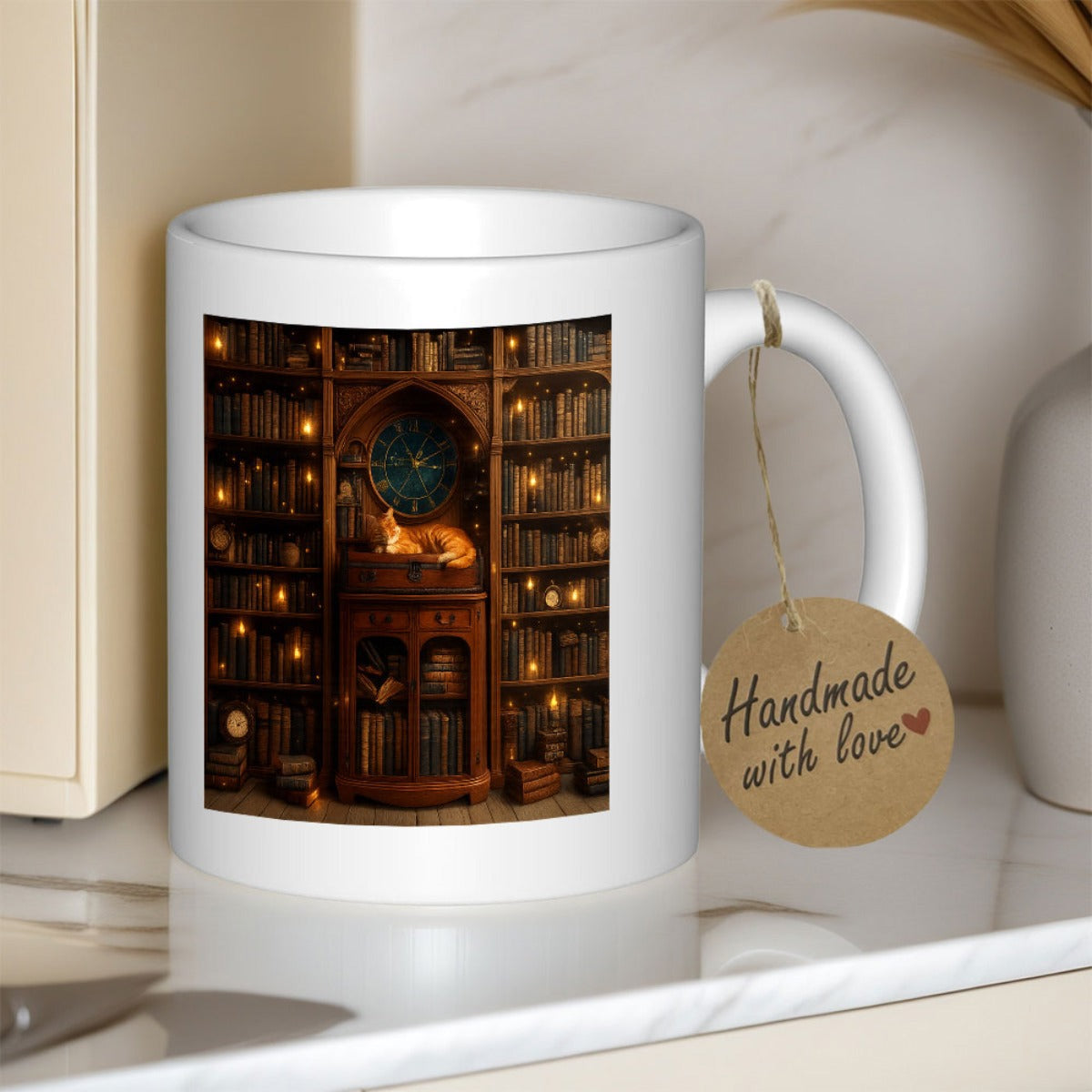 Tailorly White Ceramic 11 oz Mug - Handmade With Love Cozy Vintage Library Bookshelves Glowing With Warm Magical Fairy Lights Cat