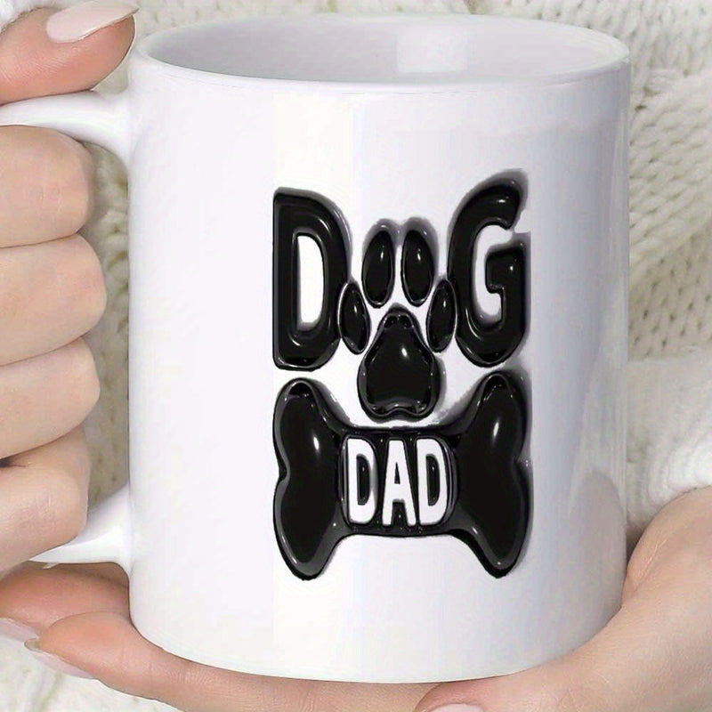 Tailorly White Ceramic 11 oz Mug - Dog Dad Bold Black Bone And Paw Print Featuring Rounded Letters Paw
