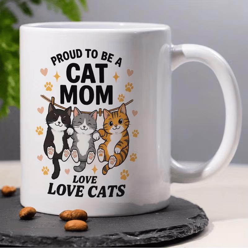 Tailorly White Ceramic 11 oz Mug - Proud To Be A Cat Mom Love Love Cats Three Adorable Little Cartoon Kittens Hanging From A Thin Brown Rope Cat