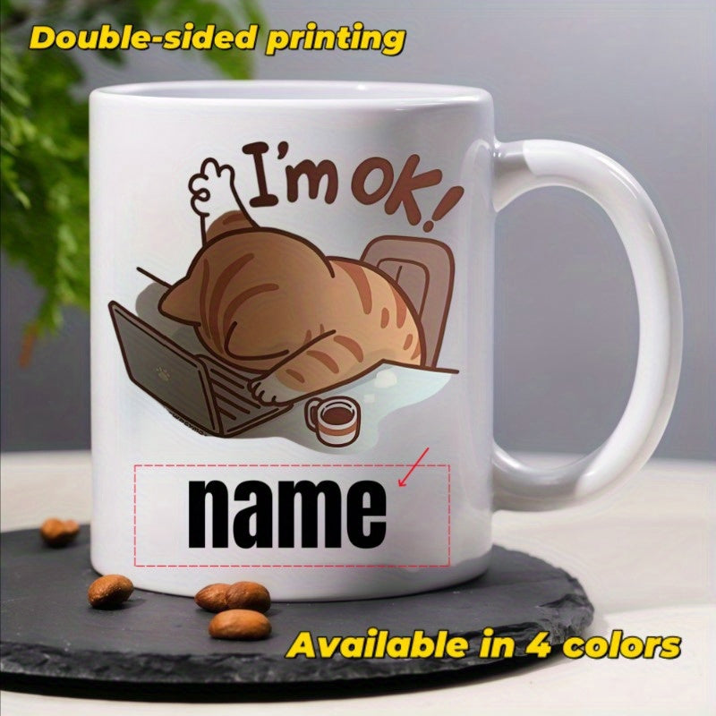 Tailorly White Ceramic 11 oz Mug - I M Ok Name Tired Brown Tabby Cat Resting Head On Laptop Cat