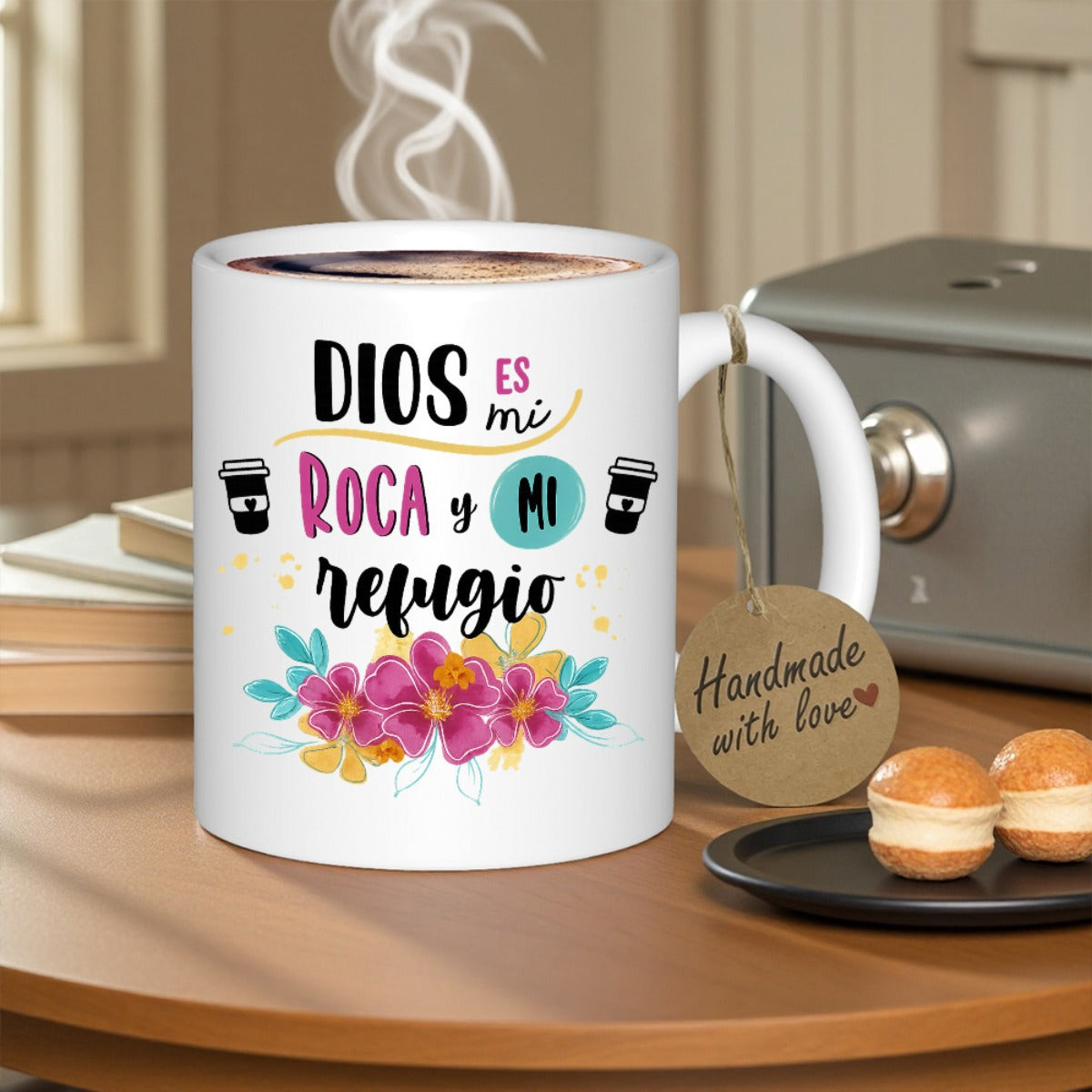 Tailorly White Ceramic 11 oz Mug - Handmade With Love Colorful Pink Flowers Blooming Among Decorative Swirls And Coffee Cup Symbols Mug