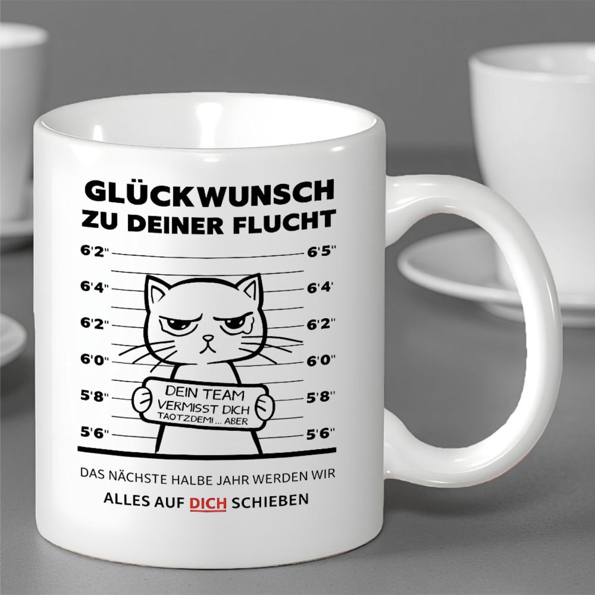 Tailorly White Ceramic 11 oz Mug - Grumpy Cartoon Cat Holding A Sign In Front Of Measurement Lines Cat