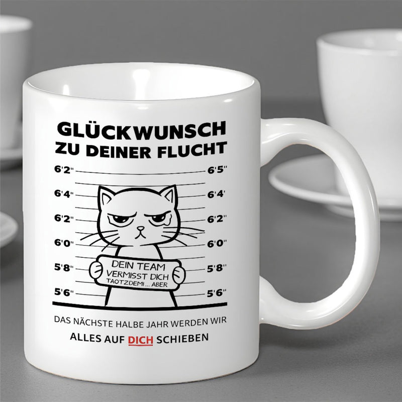 Tailorly White Ceramic 11 oz Mug - Grumpy Cartoon Cat Holding A Sign In Front Of Measurement Lines Cat