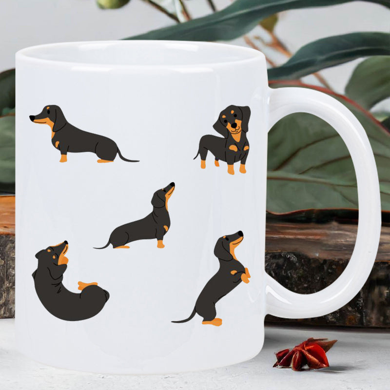 Tailorly White Ceramic 11 oz Mug - Playful Little Black And Tan Wiener Dogs In Various Cute Poses Dachshund