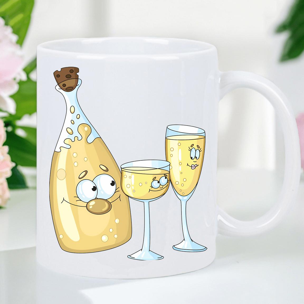 Tailorly White Ceramic 11 oz Mug - Cheerful Champagne Celebration With Animated Glasses And Bubbly Gold Bottle