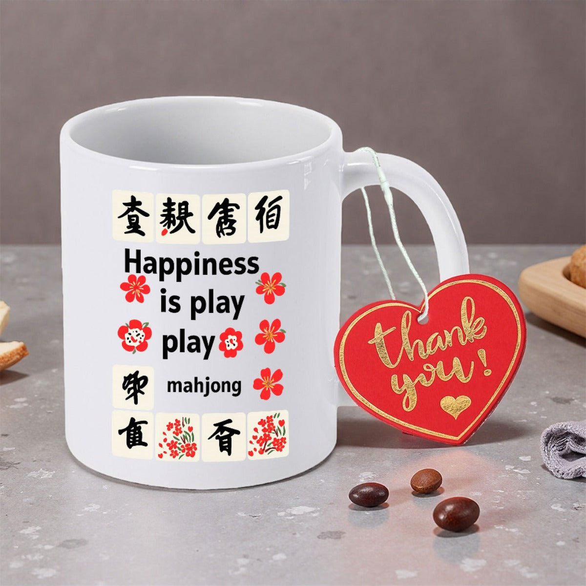 Tailorly White Ceramic 11 oz Mug - Happiness Is Play Play Mahjong Traditional Asian Gaming Symbols Surrounded By Small Red Flowers Tile