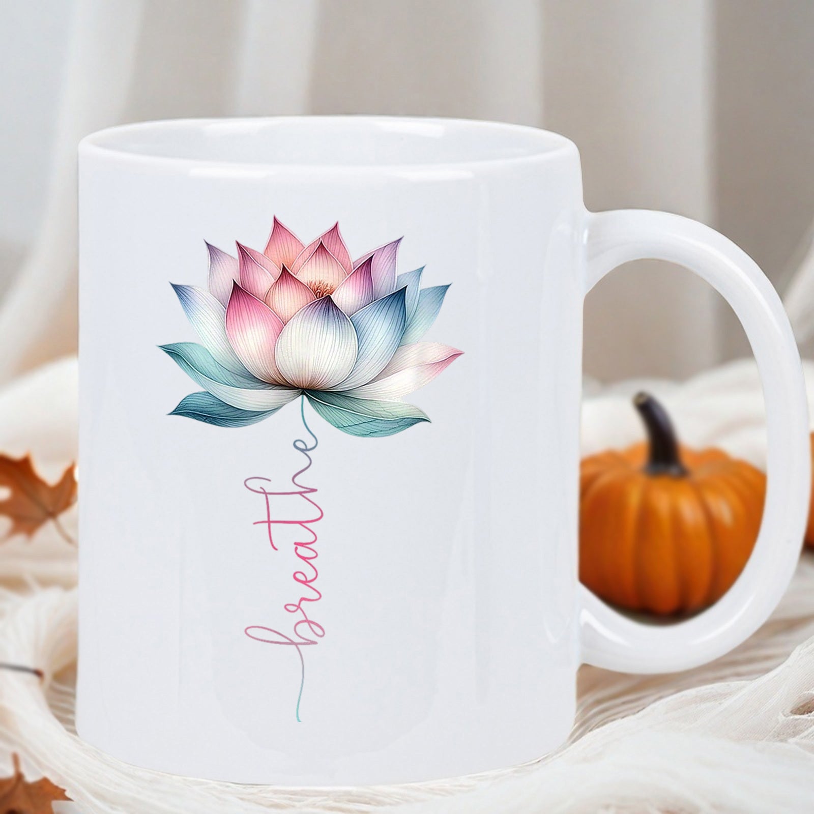 Tailorly White Ceramic 11 oz Mug - Breathe Soft Watercolor Petals In Pink And Blue Tones Elegant Blooming Lotus