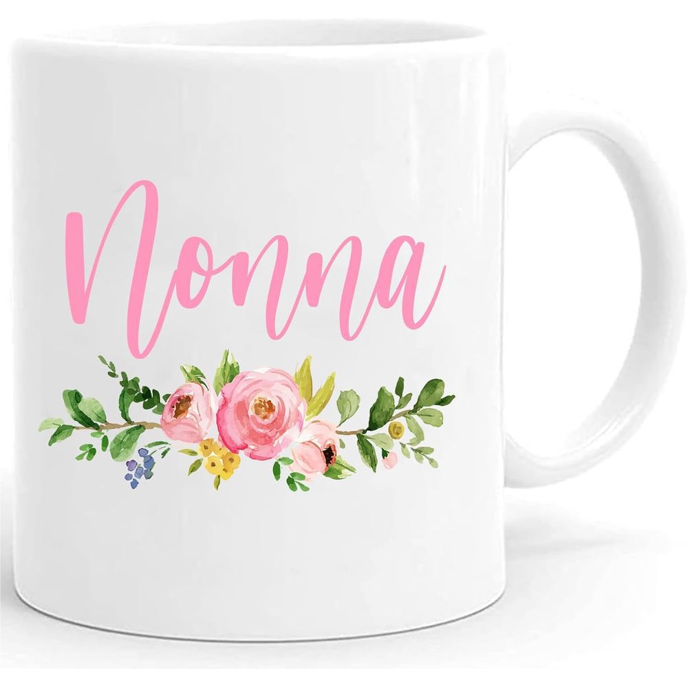 Tailorly White Ceramic 11 oz Mug - Nonna Delicate Pink Roses Blooming With Green Leaves And Floral Accents Flower