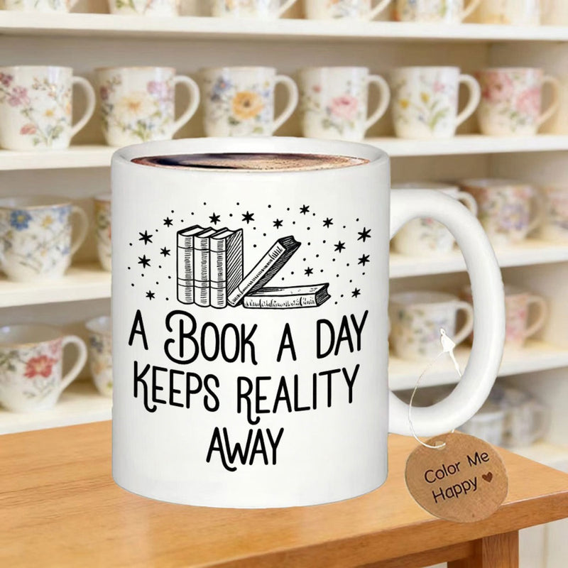 Tailorly White Ceramic 11 oz Mug - A Book A Day Keeps Reality Away Simple Hand Drawn Books And Twinkling Stars Floating In Air Book